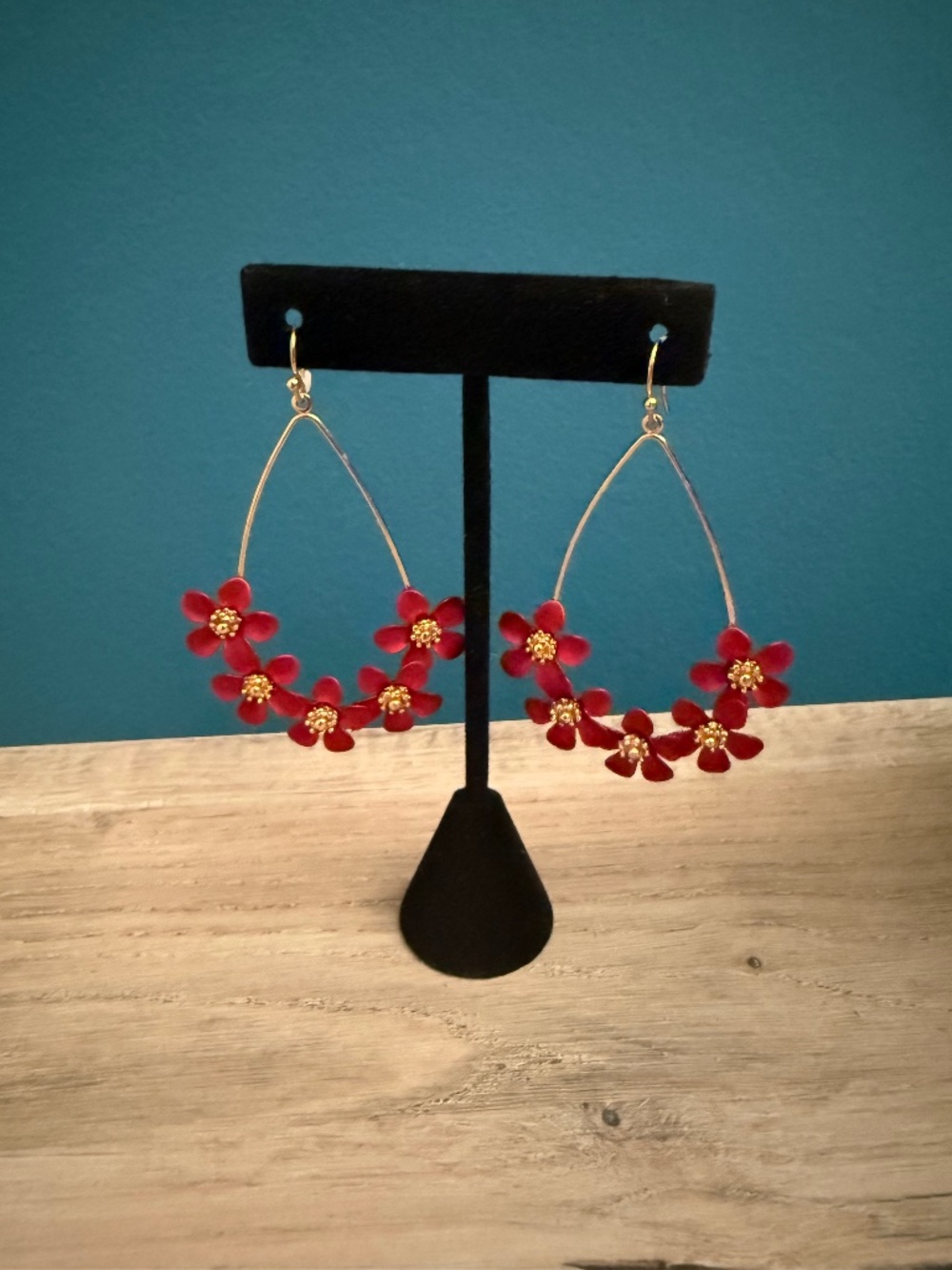 Red Floral Gold Tone Teardrop Hoop Statement Earrings